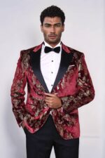 Peak Lapel Slim Fit Gold Patterned Burgundy Men Party Blazer