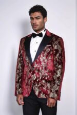 Peak-Lapel-Slim-Fit-Gold-Patterned-Burgundy-Men-Party-Blazer-Wessi-2