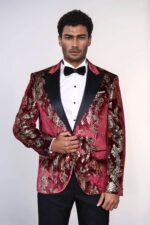 Peak-Lapel-Slim-Fit-Gold-Patterned-Burgundy-Men-Party-Blazer-Wessi-3