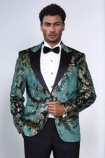 Peak Lapel Slim Fit Gold Patterned Green Men Prom Party Blazer