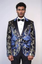 Peak-Lapel-Slim-Fit-Gold-Patterned-Navy-Blue-Men-Party-Blazer-1