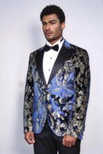 Peak-Lapel-Slim-Fit-Gold-Patterned-Navy-Blue-Men-Party-Blazer-2