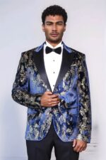 Peak-Lapel-Slim-Fit-Gold-Patterned-Navy-Blue-Men-Party-Blazer-3