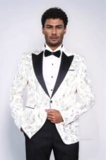 Peak Lapel Slim Fit Gold Patterned White Men Dinner Jacket