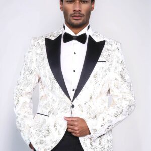 Peak Lapel Slim Fit Gold Patterned White Men Dinner Jacket - Wessi