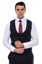 Plaid-Collared-Double-Breasted-Navy-Blue-Men-Vest-Wessi-1