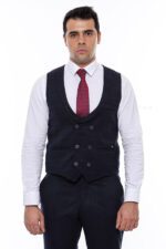 Plaid-Collared-Double-Breasted-Navy-Blue-Men-Vest-Wessi-2