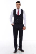Plaid-Collared-Double-Breasted-Navy-Blue-Men-Vest-Wessi-3