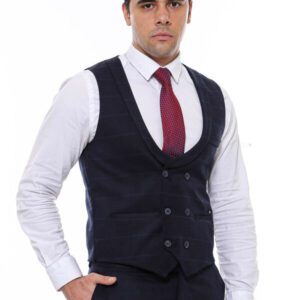 Plaid Collared Double Breasted Navy Blue Men Vest - Wessi