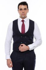 Plaid-Collared-Double-Breasted-Navy-Blue-Men-Vest-Wessi-4