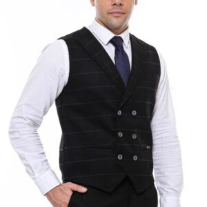 Plaid Double Breasted Collared Black Men Vest - Wessi