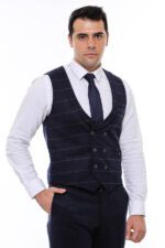 Plaid-Double-Breasted-Collared-Navy-Blue-Men-Vest-Wessi-1