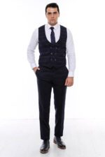 Plaid-Double-Breasted-Collared-Navy-Blue-Men-Vest-Wessi-2