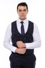 Plaid-Double-Breasted-Collared-Navy-Blue-Men-Vest-Wessi-3