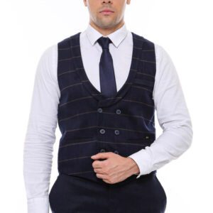 Plaid Double Breasted Collared Navy Blue Men Vest - Wessi