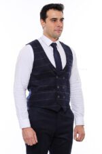 Plaid-Double-Breasted-Collared-Navy-Blue-Men-Vest-Wessi-4