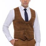 Plaid Double Breasted Tan Men Vest - Wessi