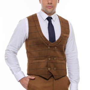 Plaid Double Breasted Tan Men Vest - Wessi