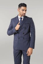 Plaid Navy Blue Men's Double Breasted Suit