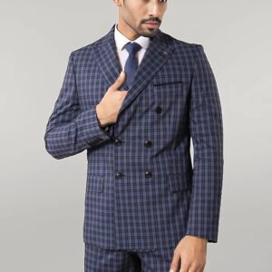 Plaid Navy Blue Men's Double Breasted Suit | Wessi