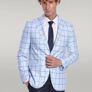 Plaid Slim Fit Light Blue Men Blazer - Wessi