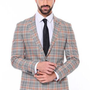 Plaid Slim-Fit Orange Black Men Blazer - Wessi