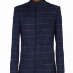 Plaid Standing Collar Navy Blue Men Coat - Wessi