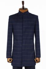 Plaid Standing Collar Navy Blue Men Coat