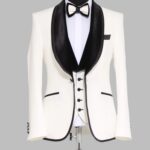 Plain 3-Piece Black Velvet Shawl Lapel Elegant White Men Tuxedo with Bow Tie- Wessi