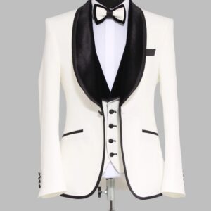 Plain 3-Piece Black Velvet Shawl Lapel Elegant White Men Tuxedo with Bow Tie- Wessi