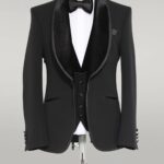 Plain 3-Piece Velvet Shawl Lapel Elegant Black Men Tuxedo with Bow Tie - Wessi