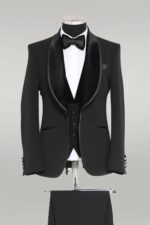 Plain 3-Piece Velvet Shawl Lapel Elegant Black Men Tuxedo with Bow Tie