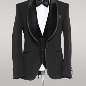Plain 3-Piece Velvet Shawl Lapel Elegant Black Men Tuxedo with Bow Tie - Wessi