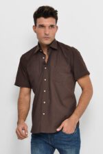 Plain Short Sleeves Brown Men Shirt