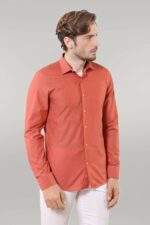 Plain Slim Fit Long Sleeves Salmon Color Men Shirt
