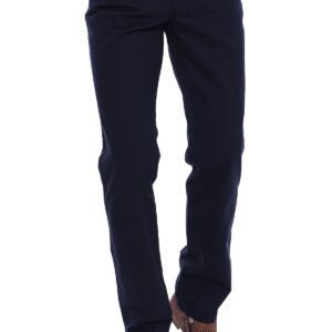 Plain Suede Flap Pockets Cotton Navy Blue Men Pants - Wessi