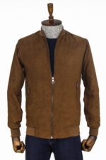 Plain Zippered Pockets Brown Men Bomber Coat