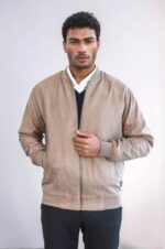 Plain Zippered Pockets Cream Men Bomber Coat