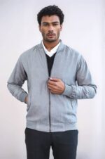 Plain Zippered Pockets Grey Men Bomber Coat