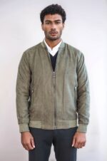 Plain Zippered Pockets Light Green Men Bomber Coat