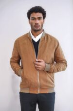 Plain Zippered Pockets Tan Men Bomber Coat