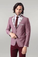 Pocket and Collar Plaid Mens Linnen Burgundy Blazer