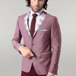 Pocket and Collar Plaid Mens Linnen Burgundy Blazer - Wessi