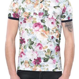 Polo Neck Floral Pattern Green T-Shirt - Wessi