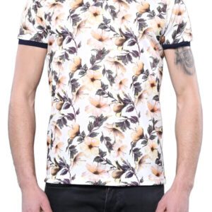 Polo Neck Floral Pattern Orange T-Shirt - Wessi