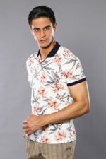 Polo-Neck-Floral-Patterned-Men-Cream-T-Shirt-Wessi-1