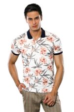 Polo Neck Floral Patterned Men Cream T-Shirt