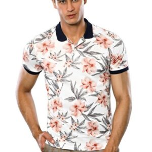 Polo Neck Floral Patterned Men Cream T-Shirt - Wessi