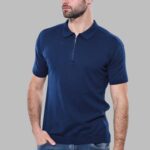 Polo Neck Plain Blue Knitted T-Shirt - Wessi