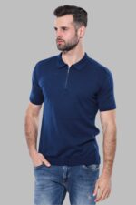 Polo Neck Plain Blue Knitted T-Shirt